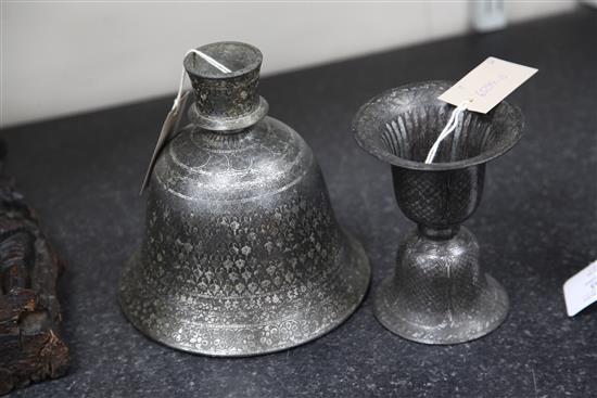 An Indian Bidri ware bell shaped huqqa base and a similar cup, 19th century, 14cm